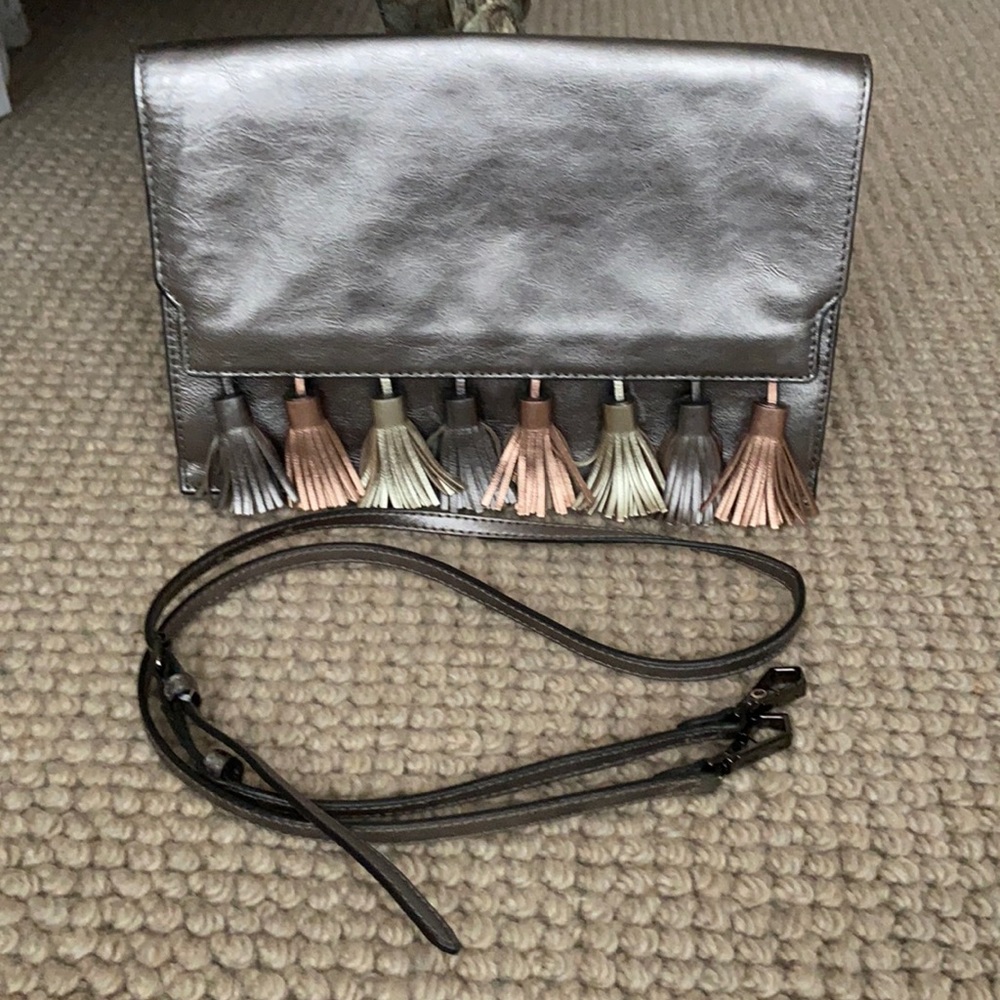 Rebecca Minkoff gunmetal clutch with gold and rose gold tassels- removable strap